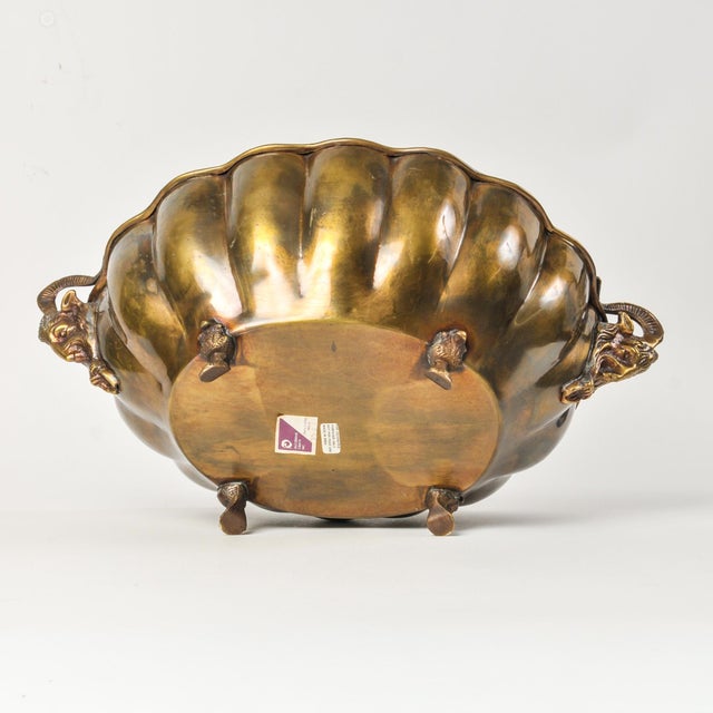 Vintage Brass Ram Head Footed Bowl Centerpiece Jardiniere Cache Pot Hollywood Regency Decor For Sale - Image 10 of 12