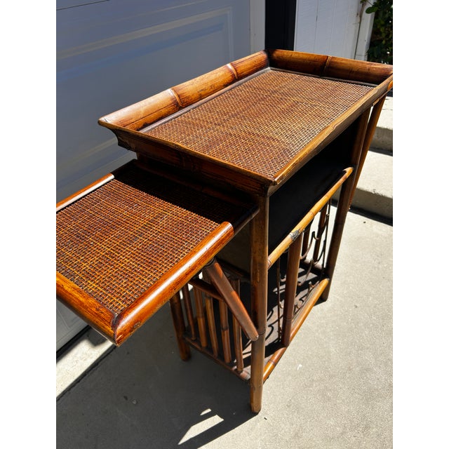 Mid-20th C, probably 1960-70's. American of Martinsville bamboo and rattan bar car in great condition. Side shelves fold...
