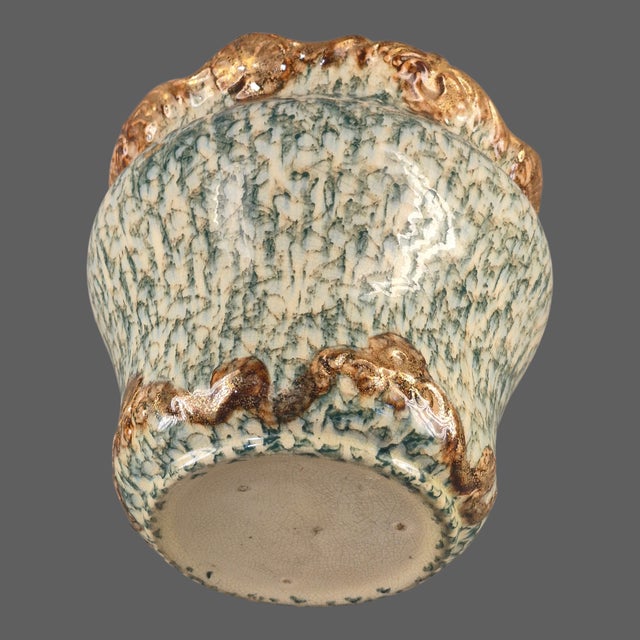 Green Antique Majolica Jardinière Glazed Pottery Scalloped Rim Spongeware Planter For Sale - Image 8 of 11
