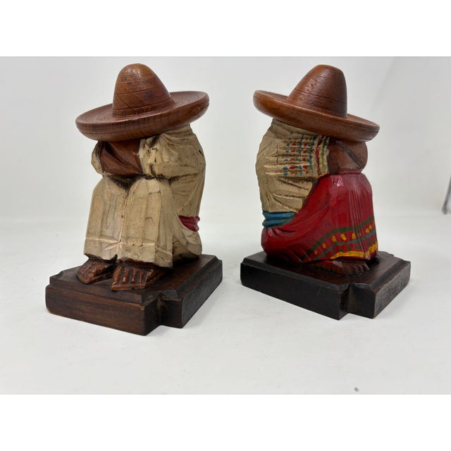 Vintage Mexican Carved Wood Sculpture Polychrome Bookends Siesta Folk Art 1950s For Sale - Image 4 of 11