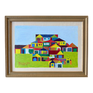 Framed Vintage Colorful Folk Art Style Oil Painting