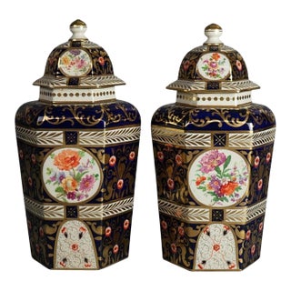 Pair of Antique Royal Crown Derby Porcelain Floral Decorated Lidded Urns C1890 For Sale