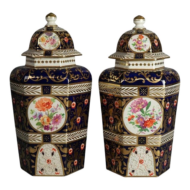 Pair of Antique Royal Crown Derby Porcelain Floral Decorated Lidded Urns C1890 For Sale