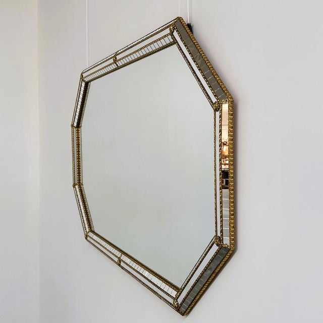 Large Spanish Hollywood Regency Octagonal Gilt Metal and Beveled Mosaic Wall Mirror For Sale - Image 6 of 12