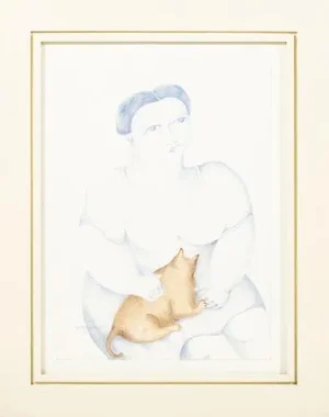 Maria Mendes, Female Figure with Cat, Mixed Media on Paper