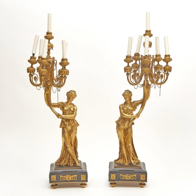 Impressive Pair 19th Century Gilded Bronze Ormolu Six-Light Figural Candelabra For Sale - Image 11 of 11