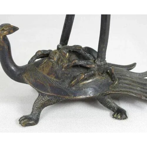 Meiji Early 20th Century Japanese Shokudai Bronze Candlestick Antique Metal Crane Bird Tortoise Animal Lotus For Sale - Image 10 of 12