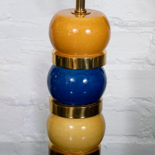 Pair of multicolored ceramic and brass table lamps For Sale - Image 4 of 9