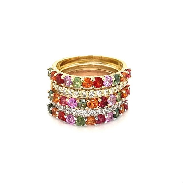 3.42Carat Multi Color Sapphire Diamond Gold Stackable Bands Beautifully curated Stackable Bands with Multi Color Sapphires...