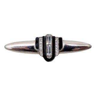 Vintage 1980s Signed Givenchy Art Deco Style Rhodium Black Enamel & Clear Rhinestone Brooch For Sale