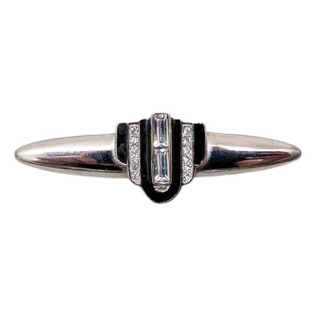 Vintage 1980s Signed Givenchy Art Deco Style Rhodium Black Enamel & Clear Rhinestone Brooch For Sale