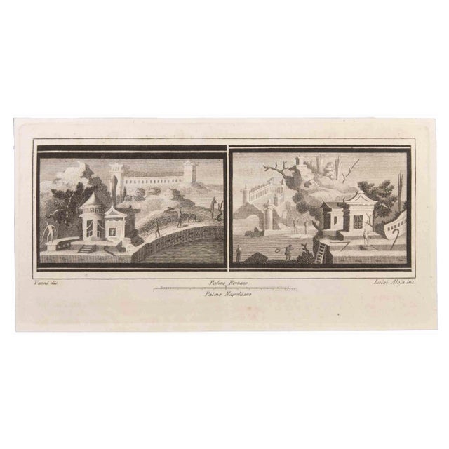 Luigi Aloja, Seascapes with Monuments and Figures, Etching, 18th Century For Sale