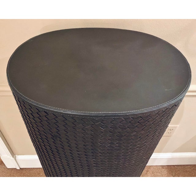 Modern Studio a Home Modern Woven Gray Leather Oval Milan Pedestal For Sale - Image 3 of 4