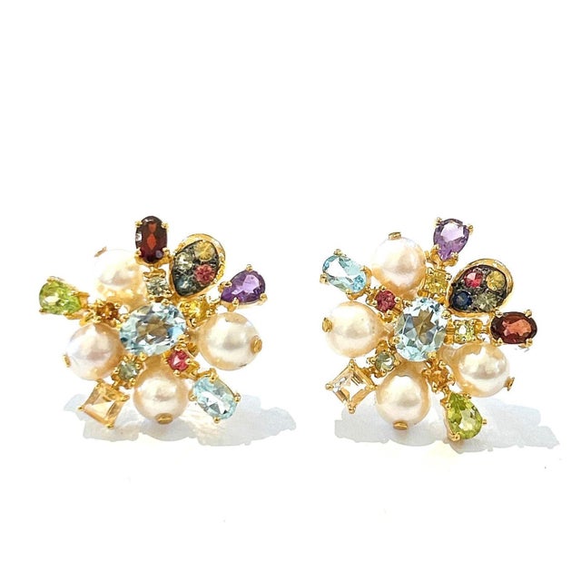 Early 21st Century Bochic "Orient" Vintage Retro Multi Gem Burst Earrings Set 18K Gold & Silver For Sale - Image 5 of 18