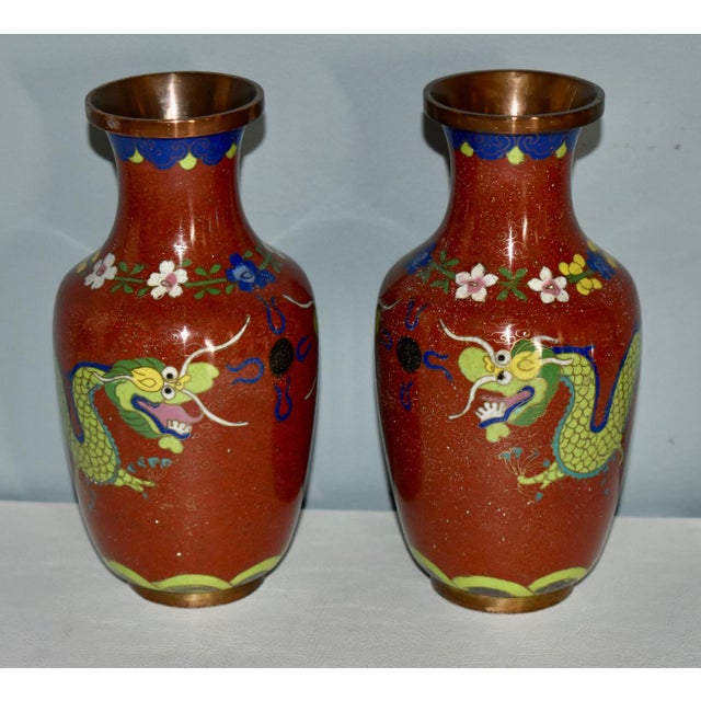 Burnt Orange Vintage Pair of Chinese Cloisonné' Dragon Motif Vases For Sale - Image 8 of 12