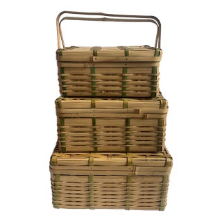 Vintage Reed and Bamboo Picnic Baskets - Set of Three For Sale