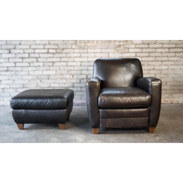 Art Deco Restoration Hardware Art Deco Black Leather Club Chair & Ottoman For Sale - Image 3 of 14