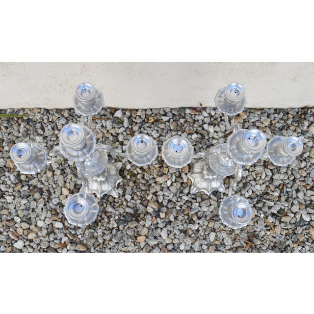 Candleholders Candelabras Pair 5 Cups Each Antique Circa 1950s Made of Pewter Silver Tone Made in Italy No Insignias For Sale - Image 11 of 12