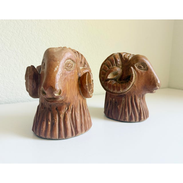 Carved Wood Rams Head Bookends by Sarreid Spain 1970s - A Pair For Sale In Sacramento - Image 6 of 13