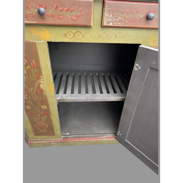 Wood Primitive Country Style Paint Decorated Step Back Cupboard For Sale - Image 7 of 9