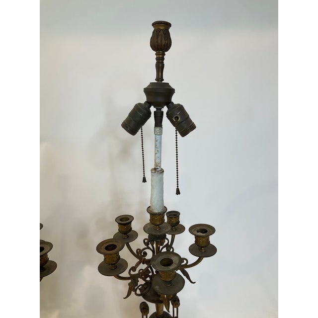 Early 20th Century Vintage Brass and Marble Candelabra Pair of Lamps With Rotating Ball For Sale - Image 5 of 8
