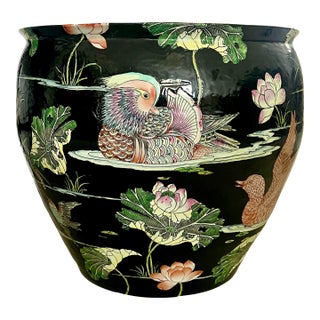 Huge Chinese Famille Noire Black Porcelain Jardiniere, Mandarin Ducks, Birds & Lotus Pond Goldfish Bowl Planter, Signed, Hong Kong For Sale