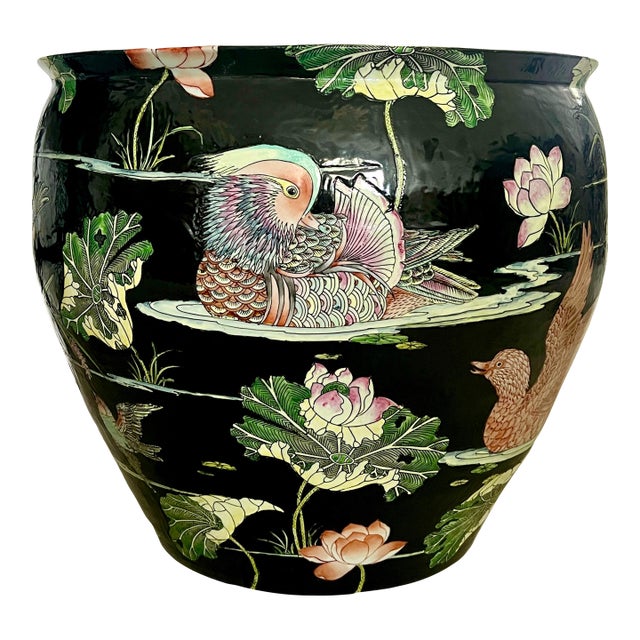 Huge Chinese Famille Noire Black Porcelain Jardiniere, Mandarin Ducks, Birds & Lotus Pond Goldfish Bowl Planter, Signed, Hong Kong For Sale