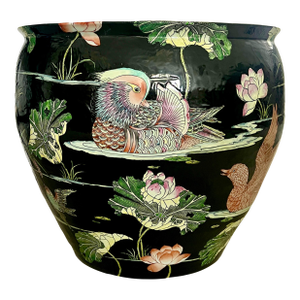 Huge Chinese Famille Noire Black Porcelain Jardiniere, Mandarin Ducks, Birds & Lotus Pond Goldfish Bowl Planter, Signed, Hong Kong