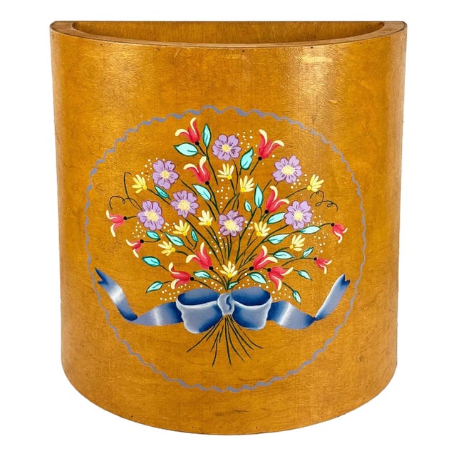 Vintage Farmhouse Country Bentwood Halfmoon Floral Waste Basket For Sale