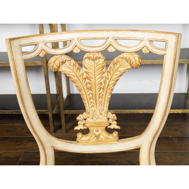 Pair of English 1900s Neoclassical Style Painted and Gilt Chairs with Feathers For Sale - Image 10 of 11