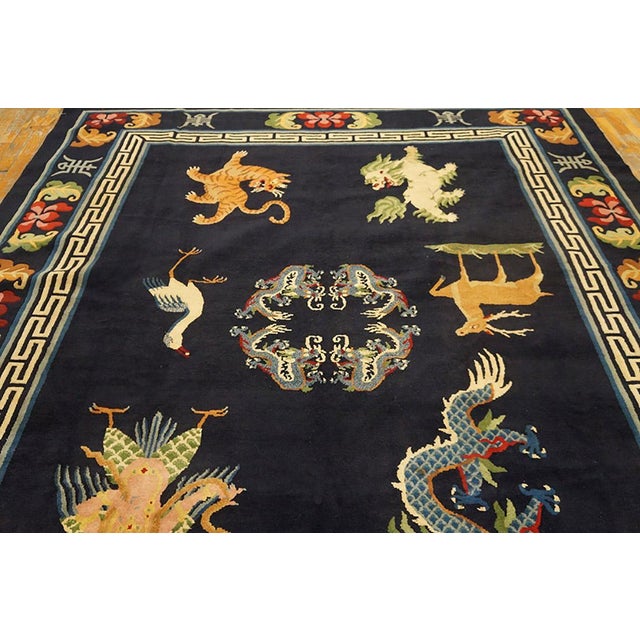 1940s Blue Navy Animalia Antique Chinese Tibetan Rug 8' X 10' Handknotted Wool Carpet For Sale - Image 4 of 6