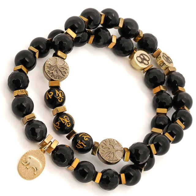 Contemporary Onyx Stone Mantra Beaded Elephant Charm Bracelet Set For Sale - Image 3 of 6