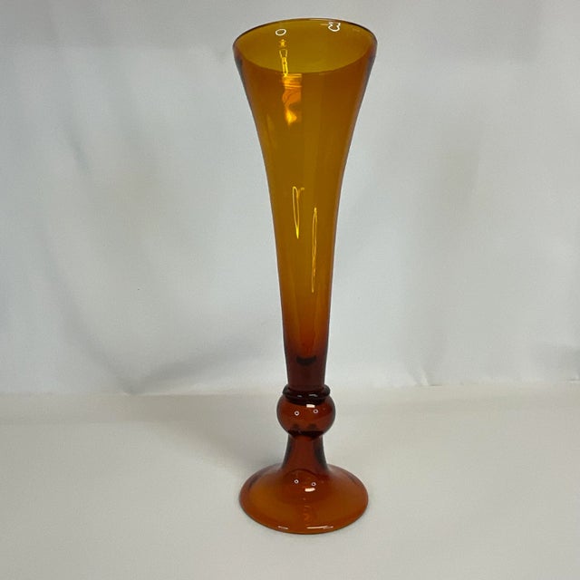 Amber 1970s Vintage Handblown Amber Glass Trumpet Vase For Sale - Image 8 of 11