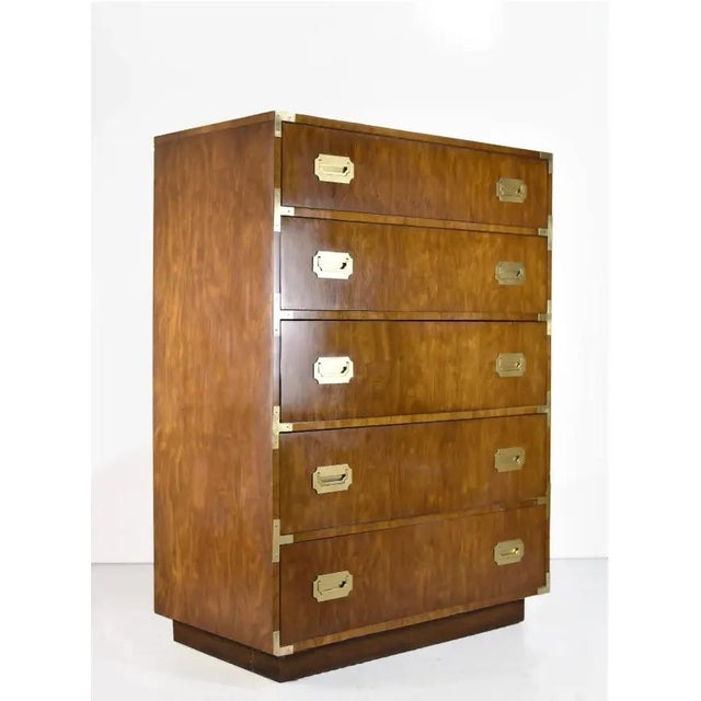 Campaign Mid Century Highboy Campaign Dresser by Dixie Furniture For Sale - Image 3 of 12