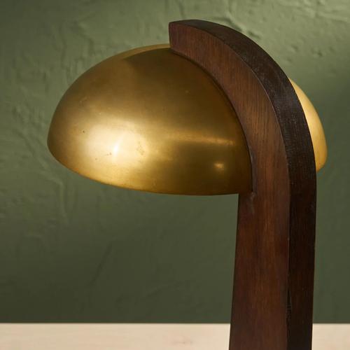 Modernist Table Lamp with Oak Base and Brass Shade, France For Sale - Image 4 of 9