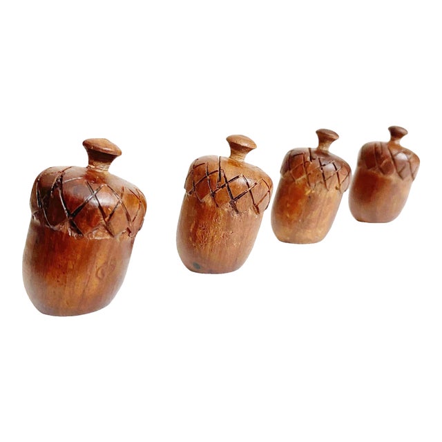 1960s Slanted Carved Acorn Place Card Holders – Set of 4, Wood For Sale