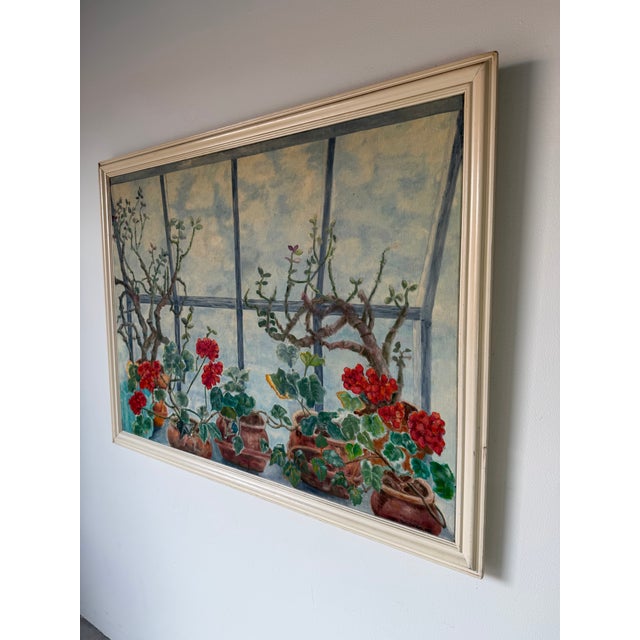1980s Large 1985 Toni Dalton Botanical Geraniums & Window Oil on Canvas Painting, Framed For Sale - Image 5 of 12