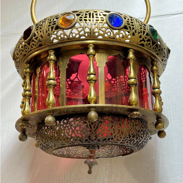 Metal Antique Middle Eastern Bronze and Glass Lantern For Sale - Image 7 of 12