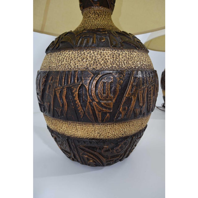 1970s Mid Century Modern Brutalist Style Bulbous Ceramic Table Lamps in Bronze - a Pair For Sale - Image 9 of 9