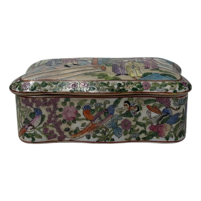 Vintage Famille Rose Enamel Figural Scenery Rectangular Shape Porcelain Box For Sale
