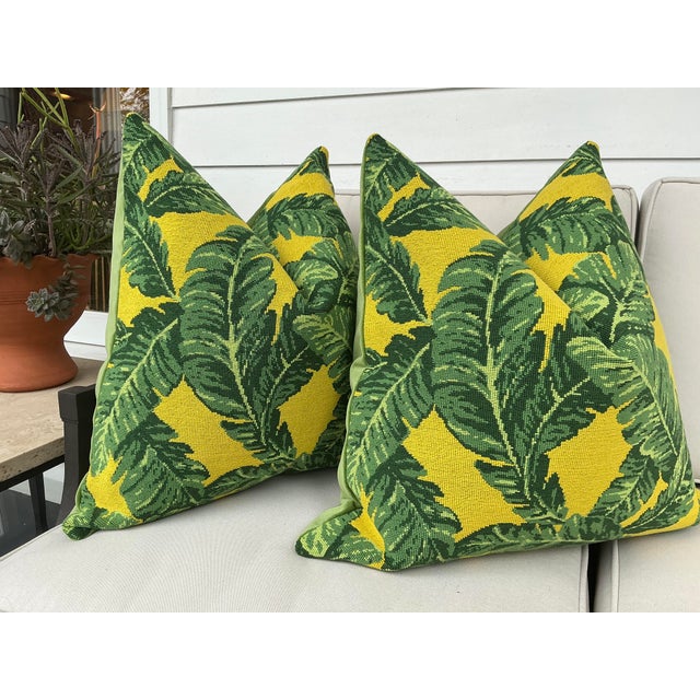 Schumacher "Tropical Leaf" Épinglé Green/Yellow Down-Filled Pillows - a Pair For Sale - Image 4 of 5