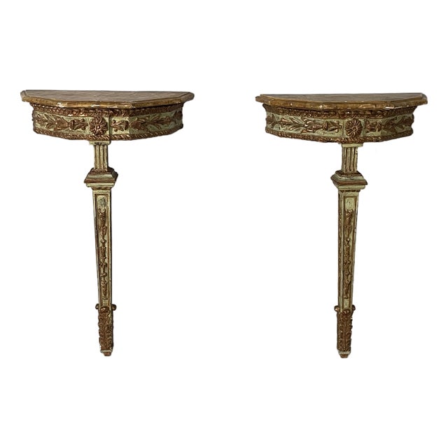 Antique Italian Consoles in Green and Yellow Wood, 1700s, Set of 2 For Sale