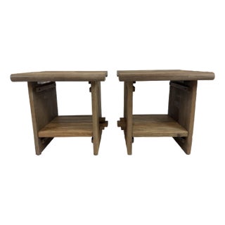 Pair of Williams Sonoma Solid Wood Side Tables With Lower Shelf For Sale