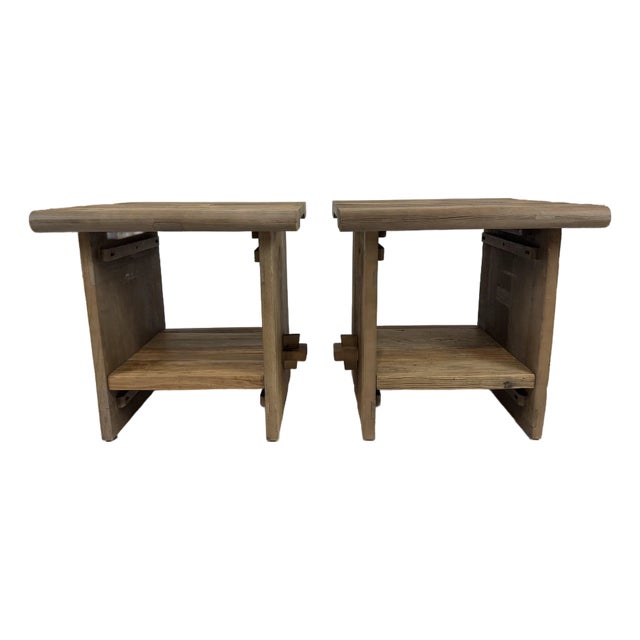 Pair of Williams Sonoma Solid Wood Side Tables With Lower Shelf For Sale