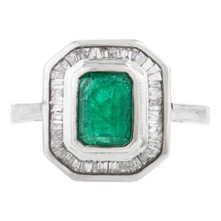 VRJewels Emerald Cut Emerald & Baguette Diamond Halo Ring Size 6.5 in 14k White Gold For Sale