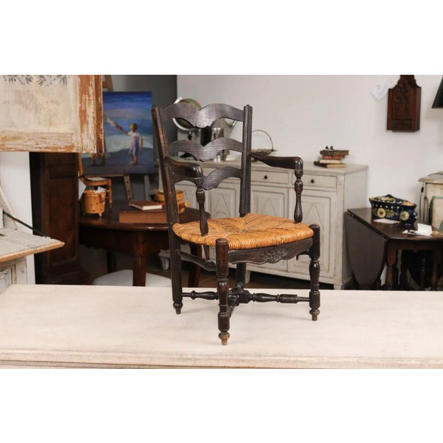 French Rustic Dark Oak 19th Century Child's Chair with Ladder Back and Rush Seat For Sale In Atlanta - Image 6 of 12