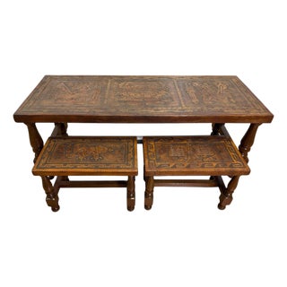 Vintage 1960s Angel Pazmino for Muebles De Estilo Tooled Leather Table & Bench Set - 3 Pieces For Sale