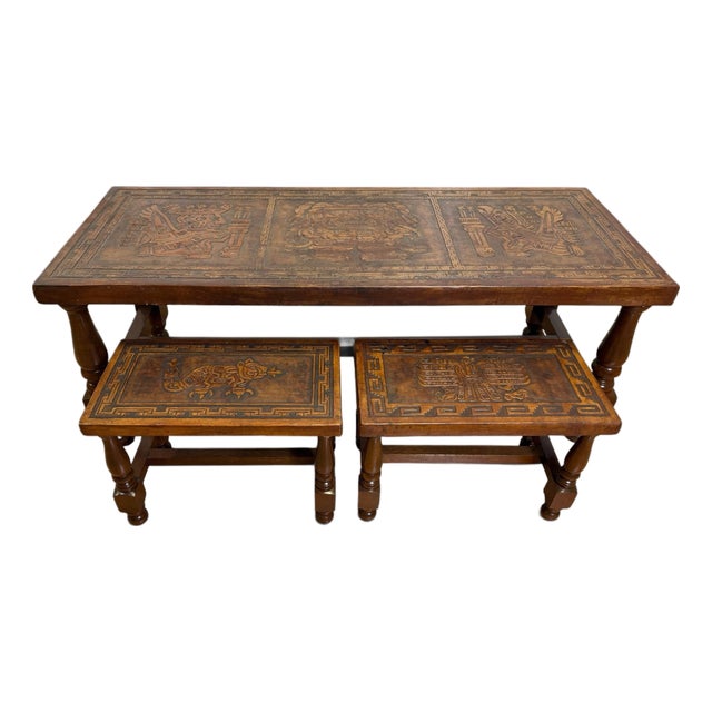 Vintage 1960s Angel Pazmino for Muebles De Estilo Tooled Leather Table & Bench Set - 3 Pieces For Sale