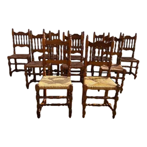 Late 20th Century Set of 10 Jacobean Style Fruitwood Rush Seat Dining Chairs