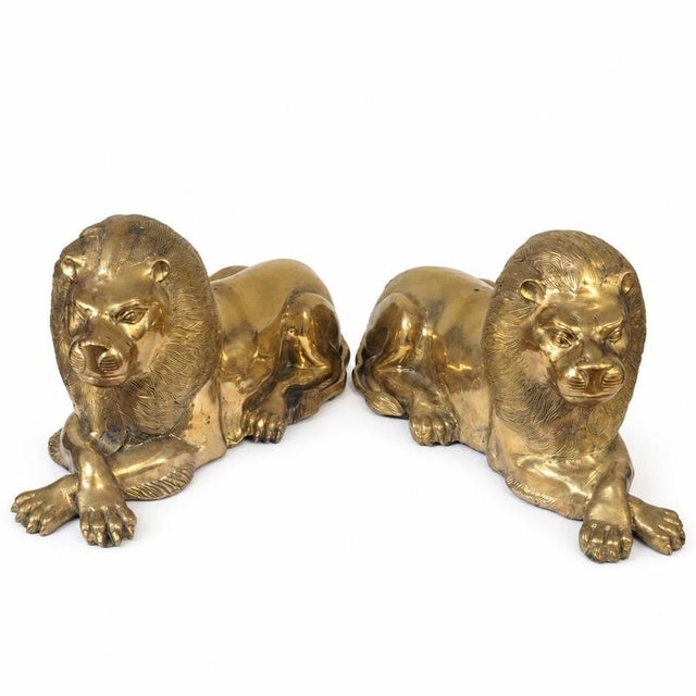 European Artist, Reclining Lions, Gilded Bronze, Set of 2 For Sale - Image 3 of 9